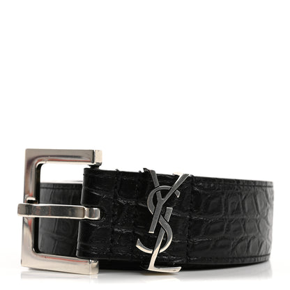 Saint Laurent Calfskin Crocodile Embossed Monogram Square Buckle Belt Black 7 of 7