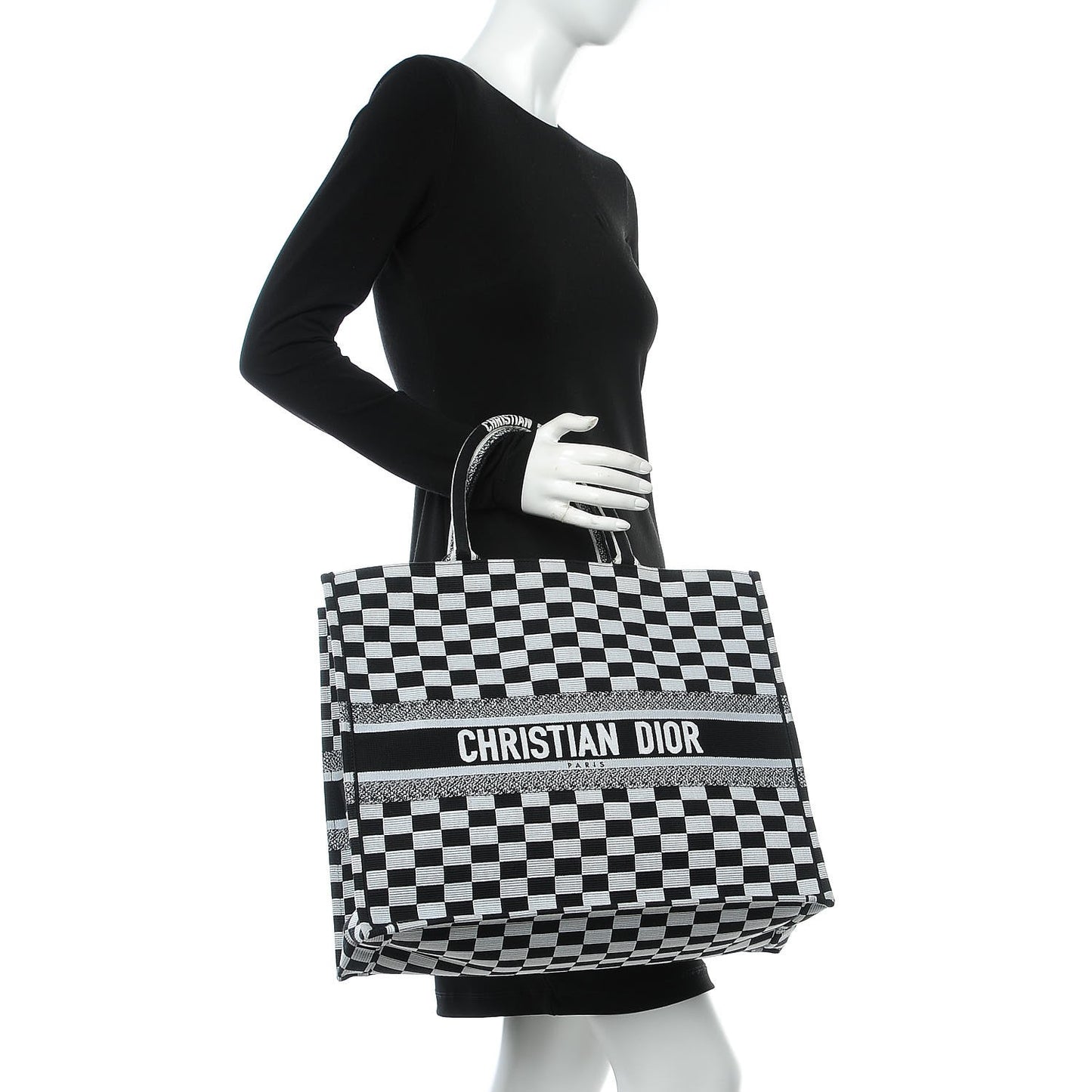 Canvas Embroidered Checkered Book Tote Black White
