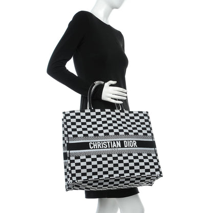 Christian Dior Canvas Embroidered Checkered Book Tote Black White 2 of 9