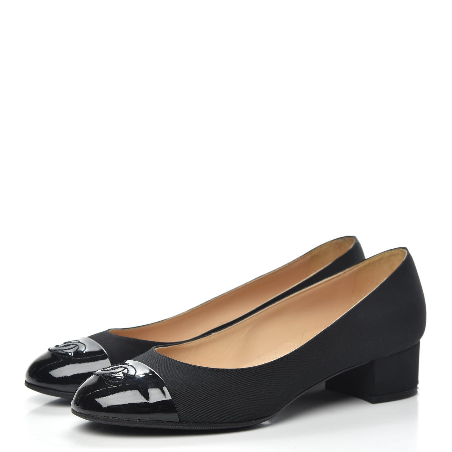 Grosgrain Patent Calfskin CC Cap Toe Pumps 37.5 Black
