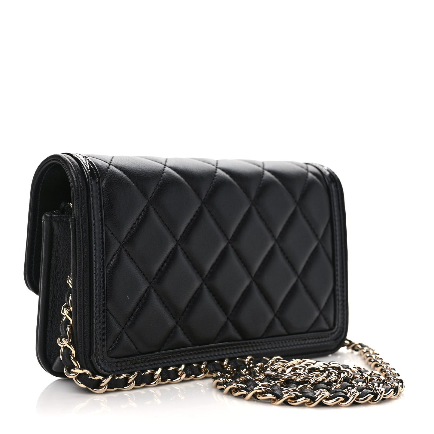 Lambskin Patent Calfskin Quilted Flap Phone Holder With Chain Black