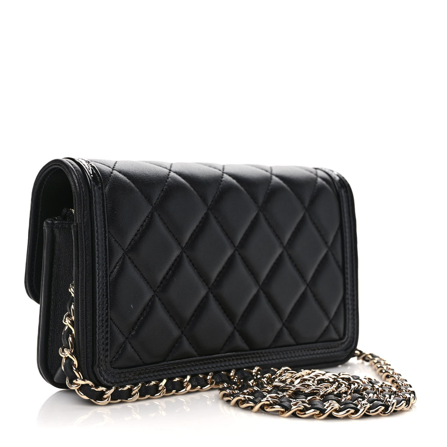 Chanel Lambskin Patent Calfskin Quilted Flap Phone Holder With Chain Black 2 of 8
