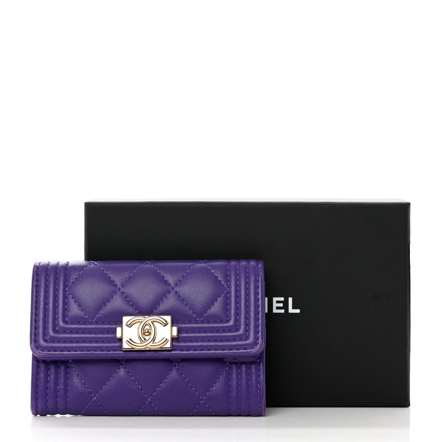 Lambskin Quilted Boy Flap Card Holder Purple