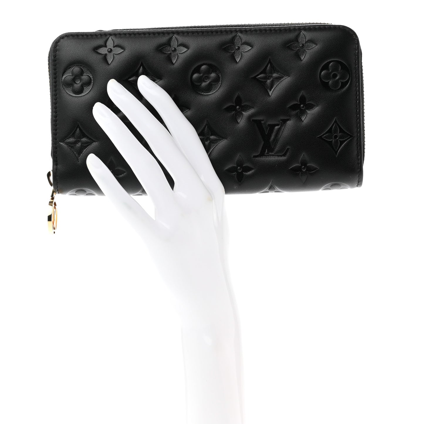 Lambskin Embossed Monogram Coussin Zippy Wallet Black