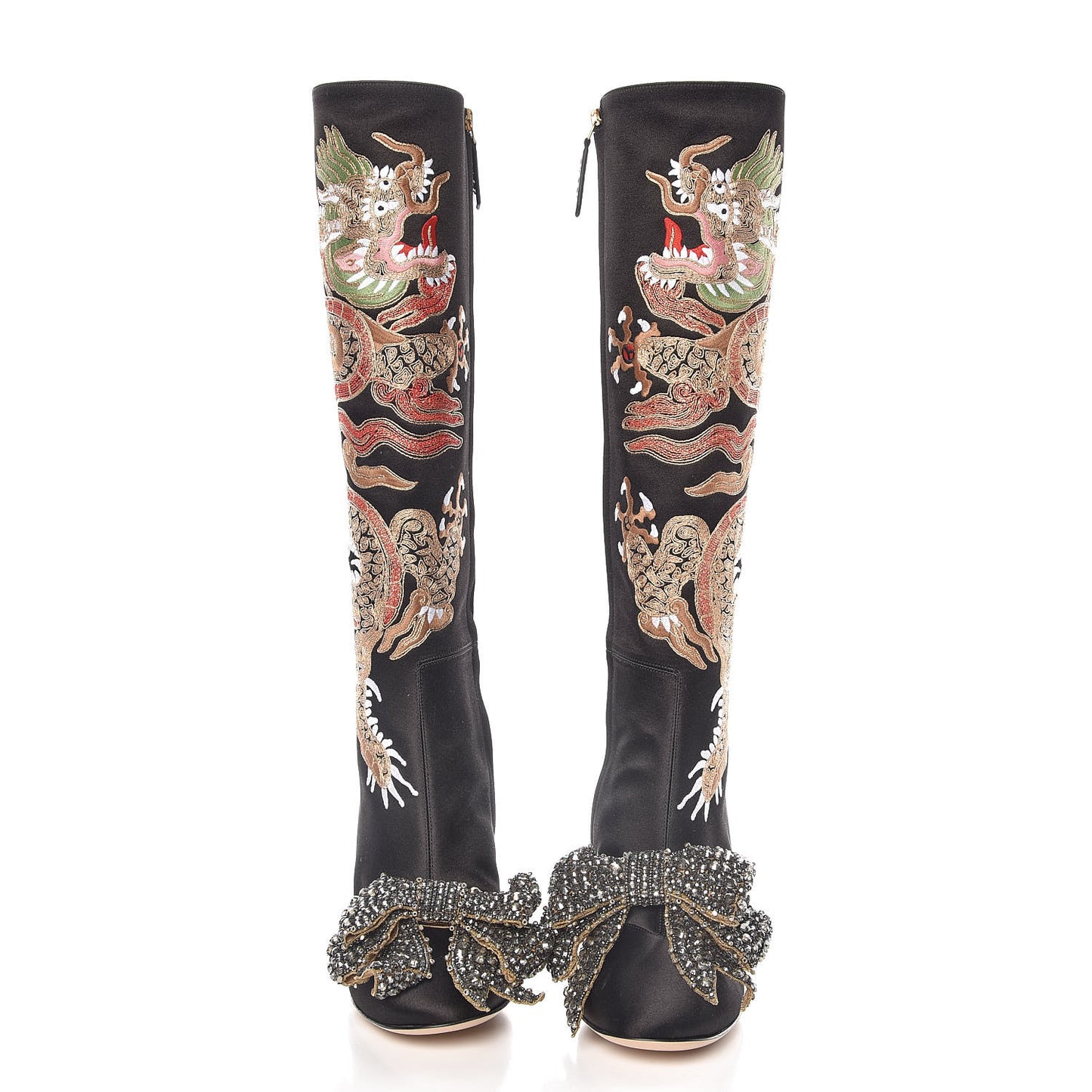 Silk Satin Malaga Kid Embroidered Candy Dragon Block-Heel Knee Boot 36 Black