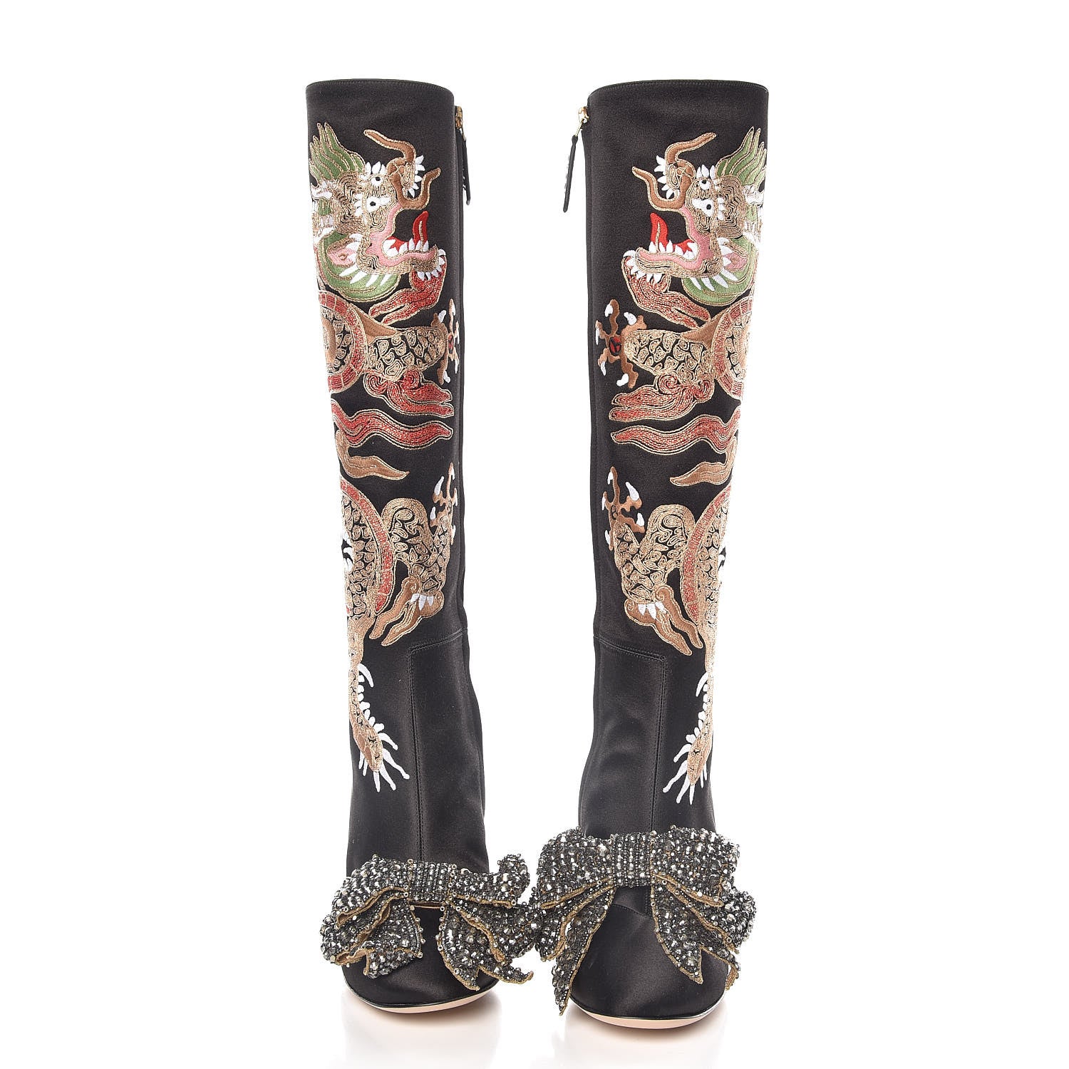 Gucci Silk Satin Malaga Kid Embroidered Candy Dragon Block-Heel Knee Boot 36 Black 2 of 9