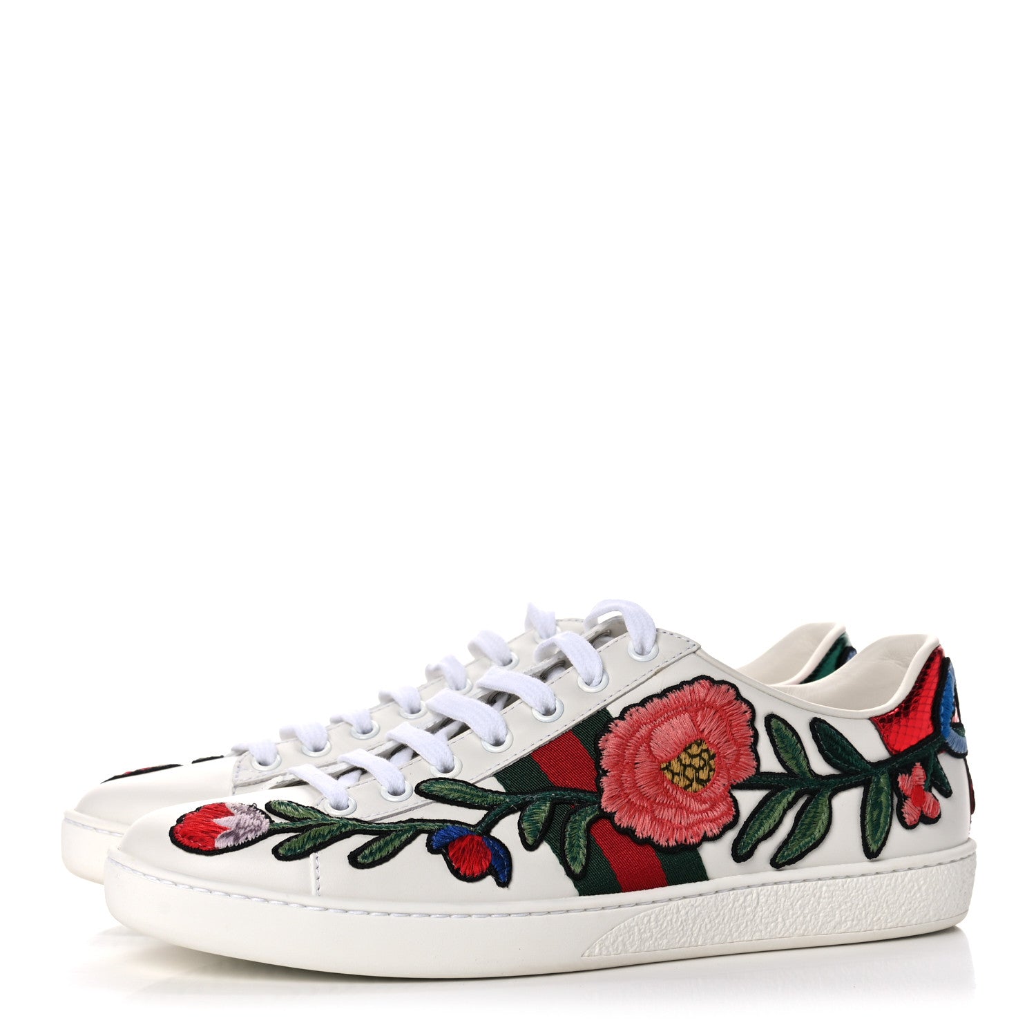 Gucci Calfskin Web Floral Embroidered Womens Ace Sneakers 38.5 White 3 of 10