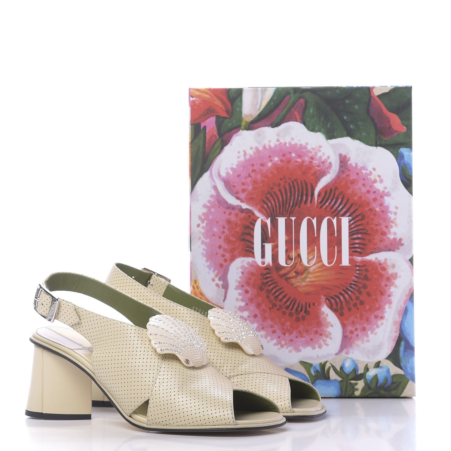 Gucci Calfskin Perforated Shell Embellished Slingback Sandals 41 Vintage White 10 of 10