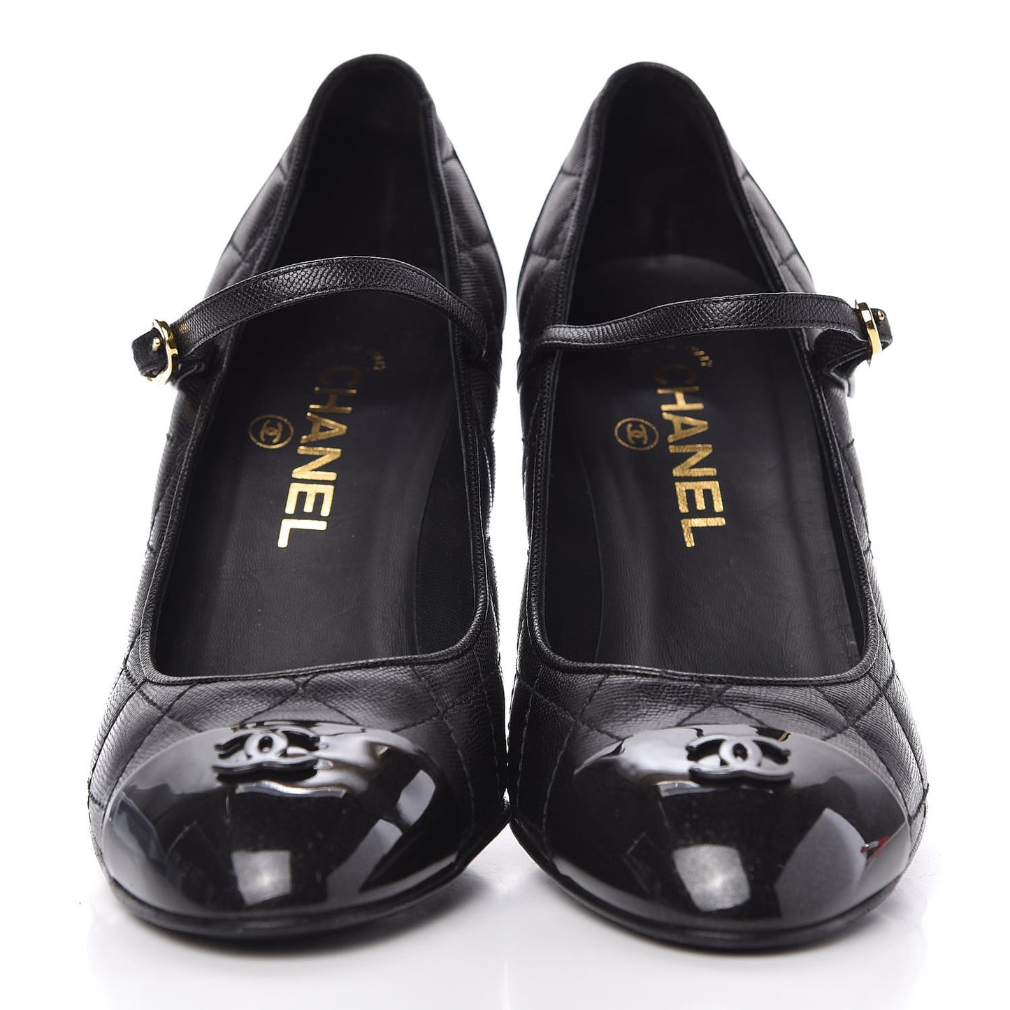 Grained Calfskin Patent Quilted CC Cap Toe Ankle Strap Pumps 37.5 Black