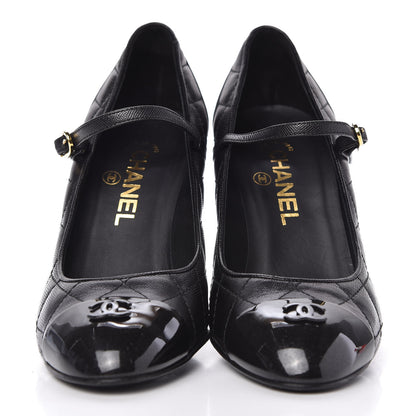 Chanel Grained Calfskin Patent Quilted CC Cap Toe Ankle Strap Pumps 37.5 Black 3 of 9