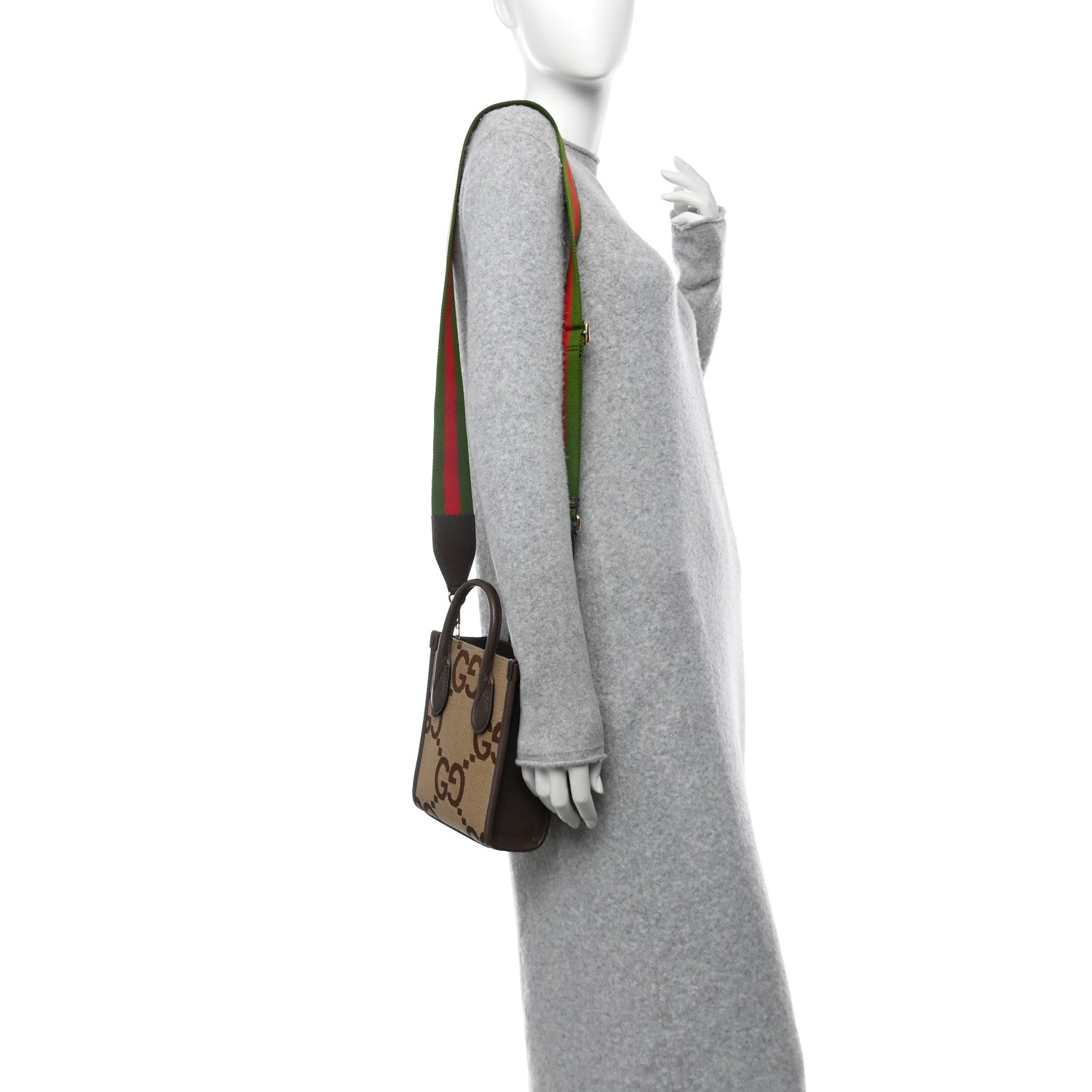 Gucci Monogram Jumbo GG Textured Dollar Calfskin Web Mini Vertical Tote Camel Ebony New Acero 2 of 9