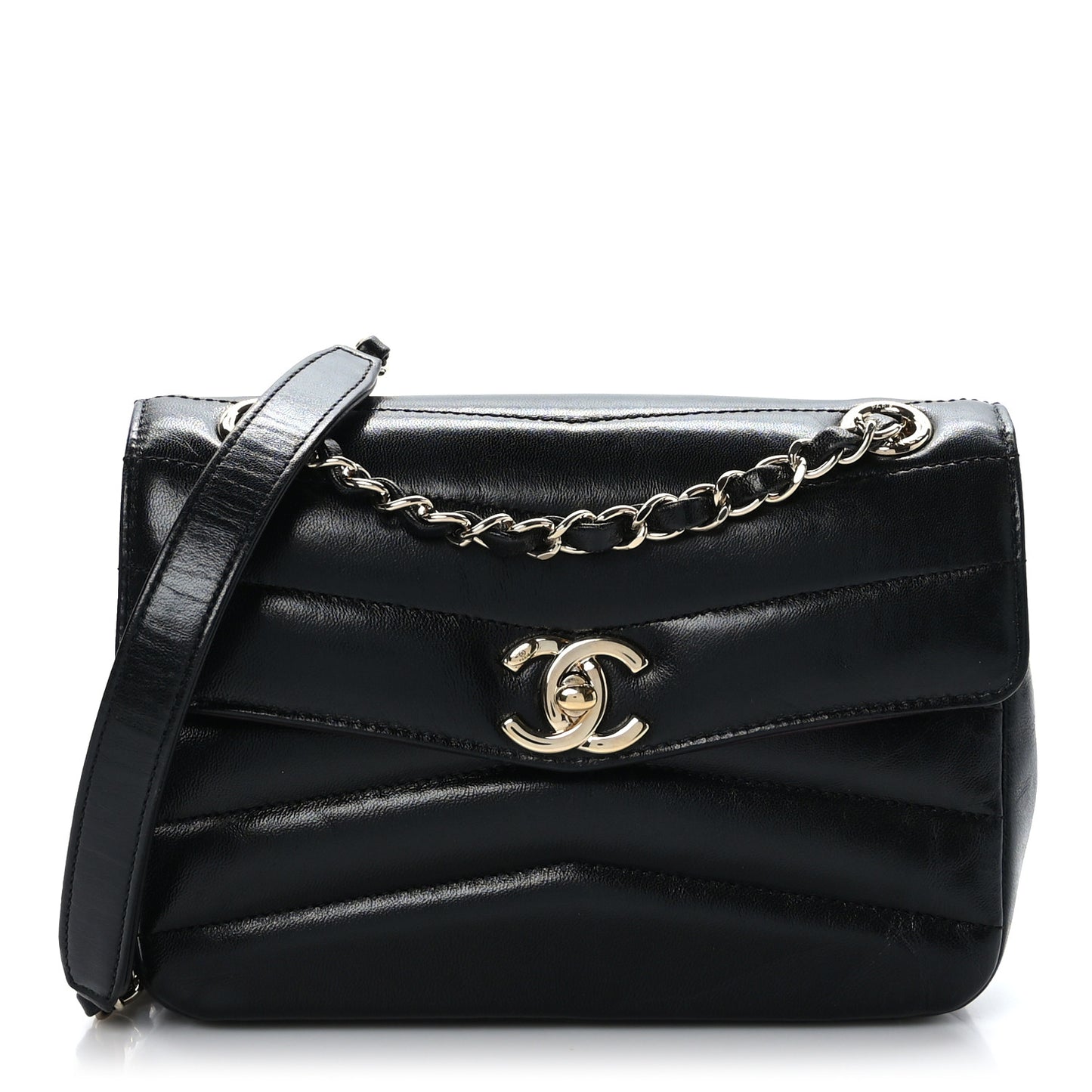 Shiny Lambskin Quilted Small Chevron Miroir Black