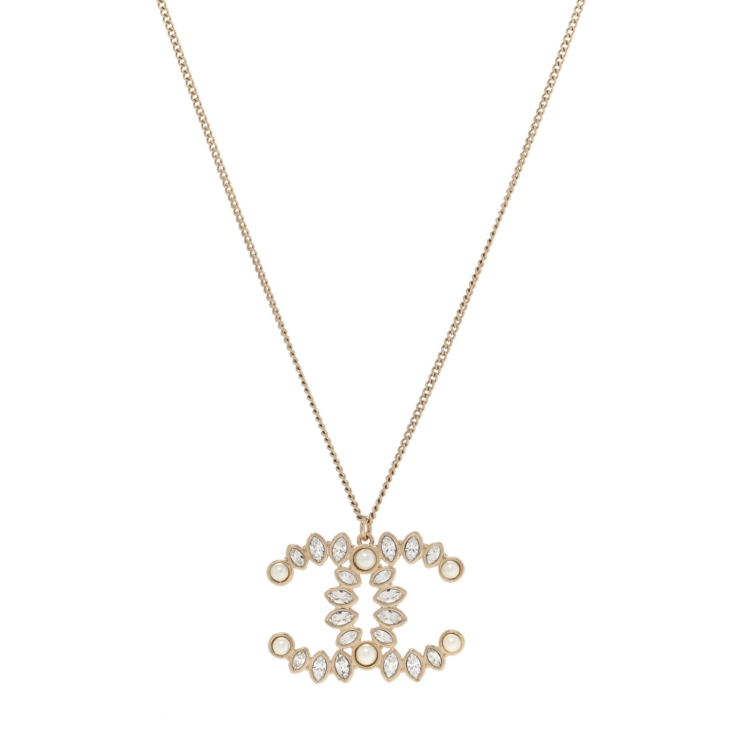 Pearl Crystal CC Pendant Necklace Gold