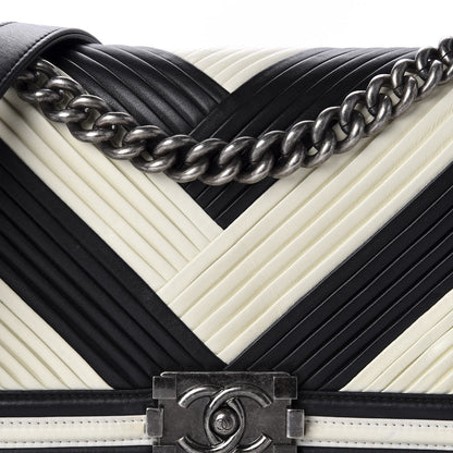 Chanel Calfskin Pleated Medium Boy In Rome Flap Black White 11 of 12