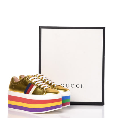 Gucci Metallic Nappa Sylvie Web Peggy Platform Sneakers 38.5 Oro Vecchio 11 of 11