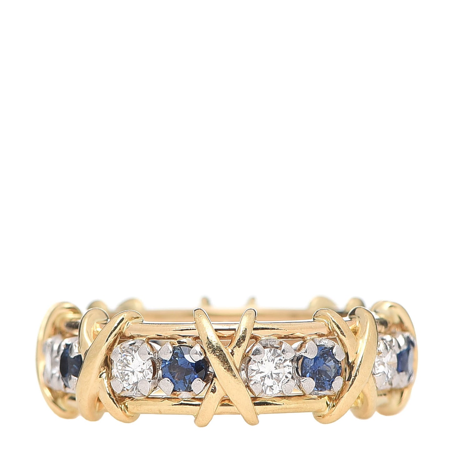 18K Yellow Gold Platinum Diamond Blue Sapphire Schlumberger Sixteen Stone Ring 49 5