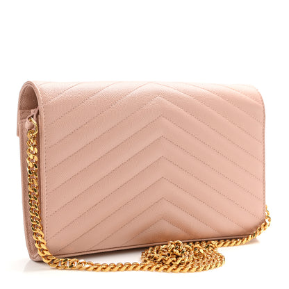 Saint Laurent Grain De Poudre Matelasse Chevron Monogram Chain Wallet Pale Blush 3 of 13