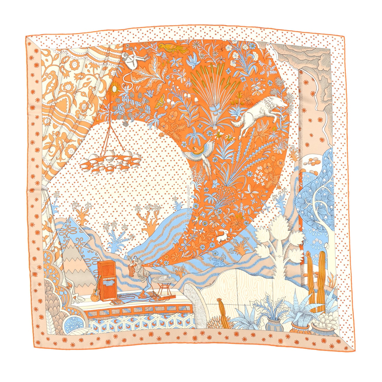 Hermes Silk Le Premier Chant Scarf 90 Orange White Bleu 1 of 5