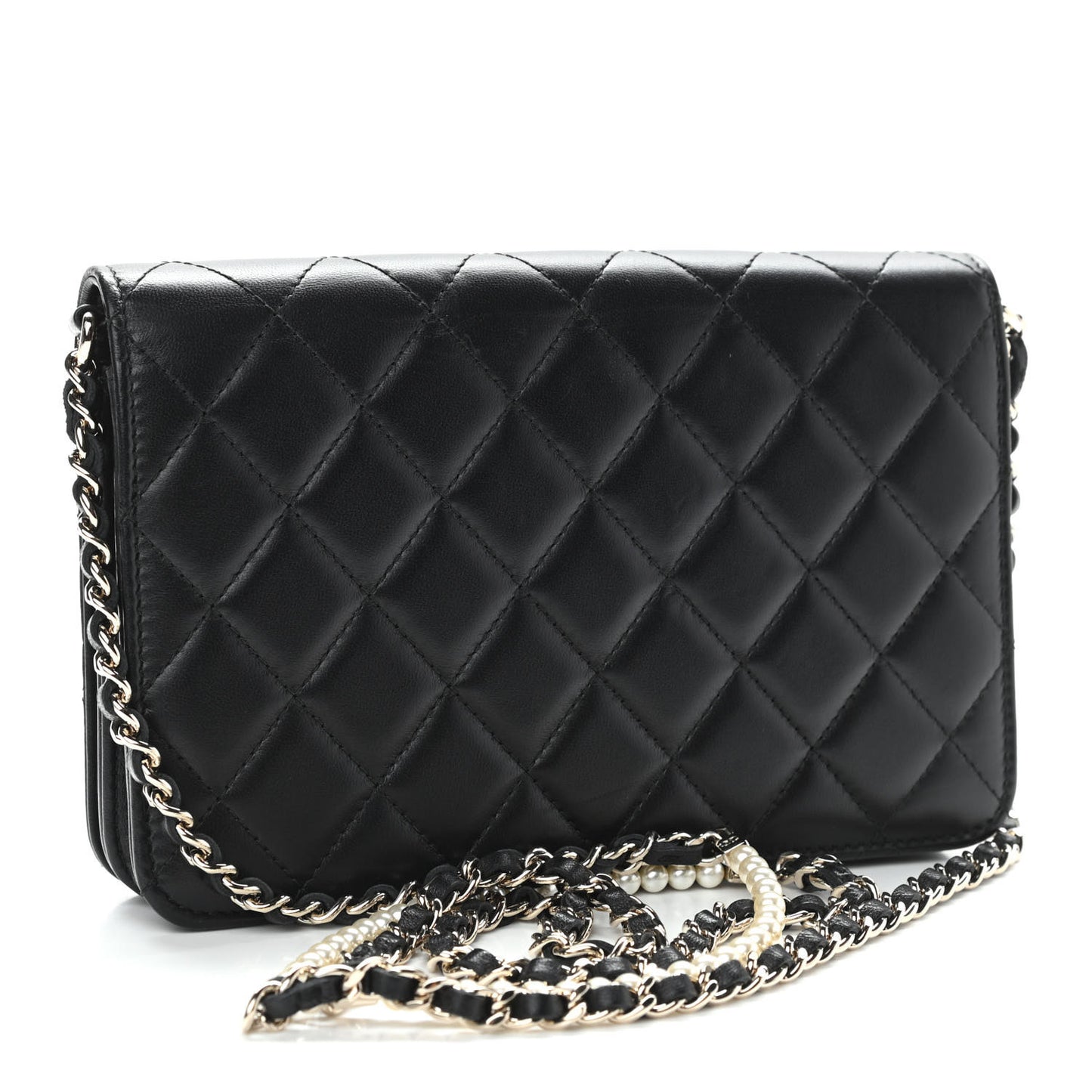 Iridescent Lambskin Quilted Pearl Wallet On Chain WOC Black