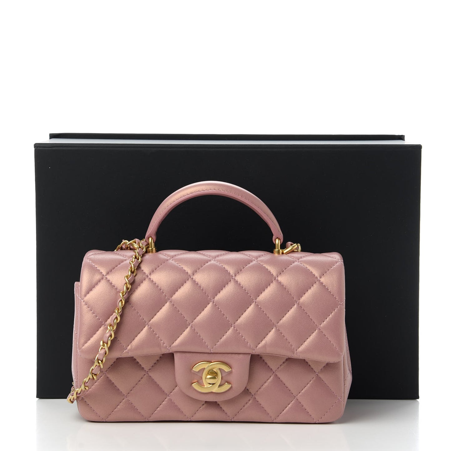 Iridescent Lambskin Quilted Mini Top Handle Rectangular Flap Pink