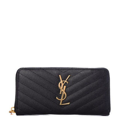 Saint Laurent Grain De Poudre Matelasse Chevron Monogram Zip Around Wallet Black 1 of 7