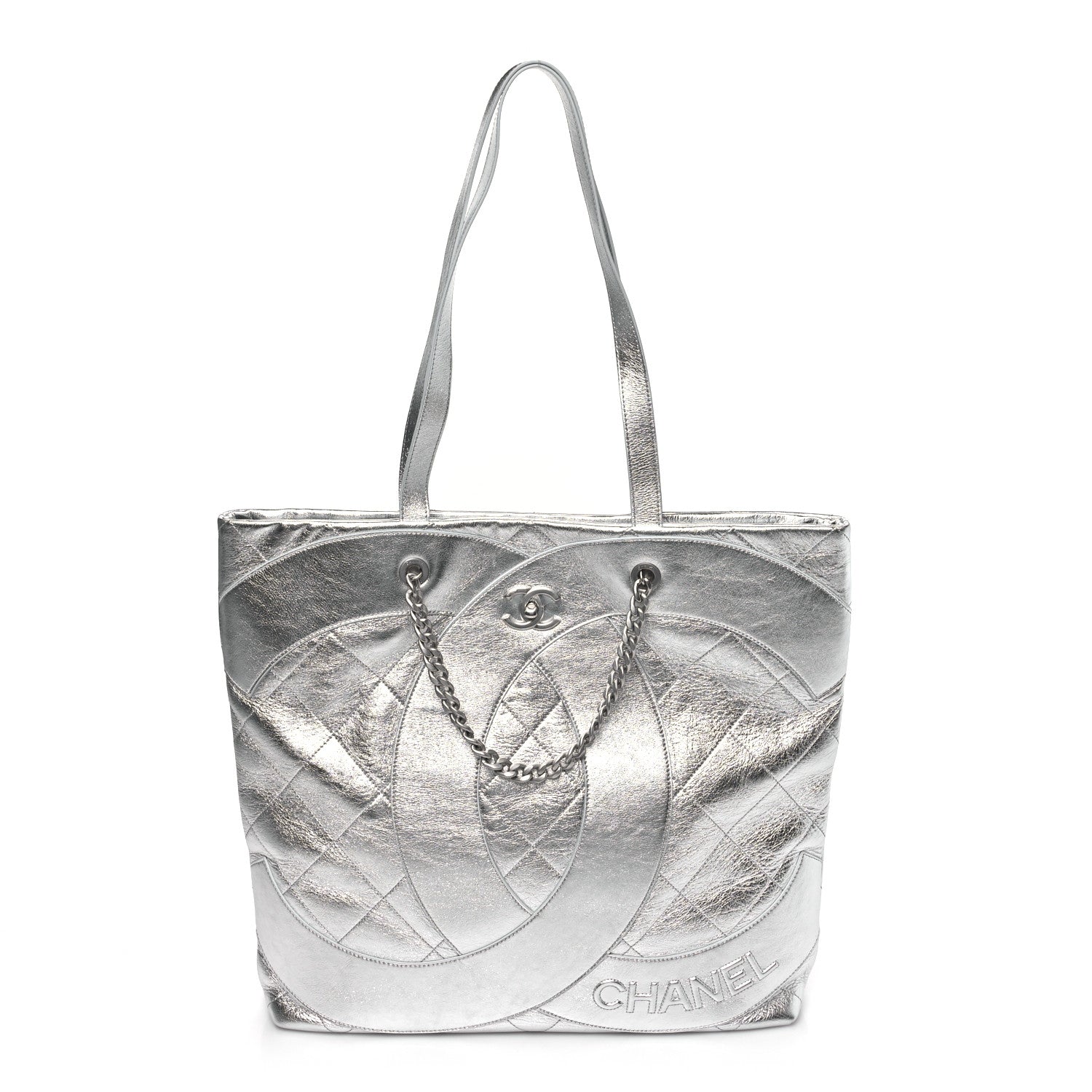 Chanel Metallic Calfskin Stitched CC Shopper Tote Silvery 1 of 10