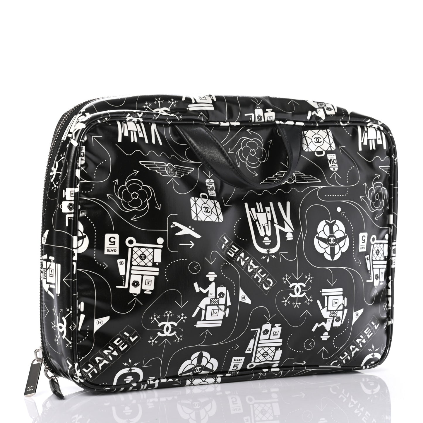 Coated Canvas Airline Cosmetic Travel Bag Black White