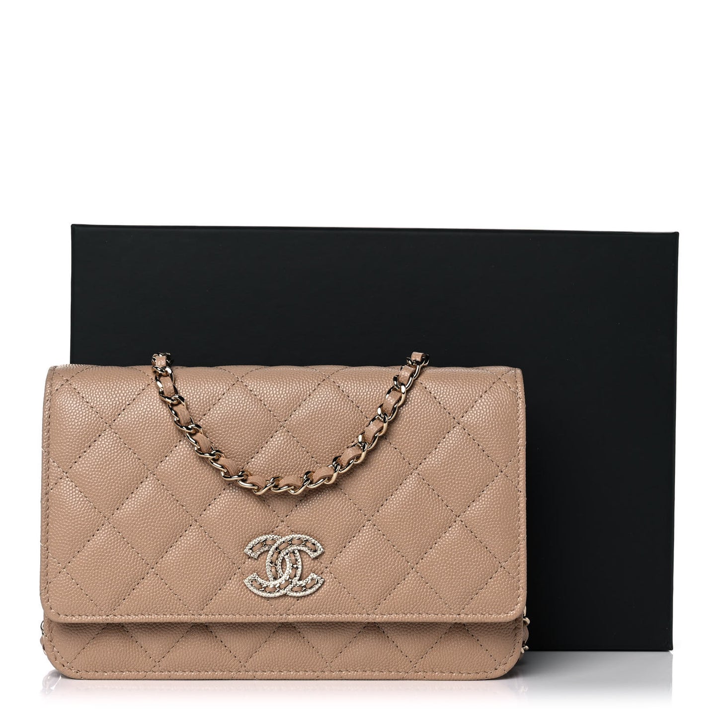 Caviar Quilted Crystal CC Wallet On Chain WOC Beige