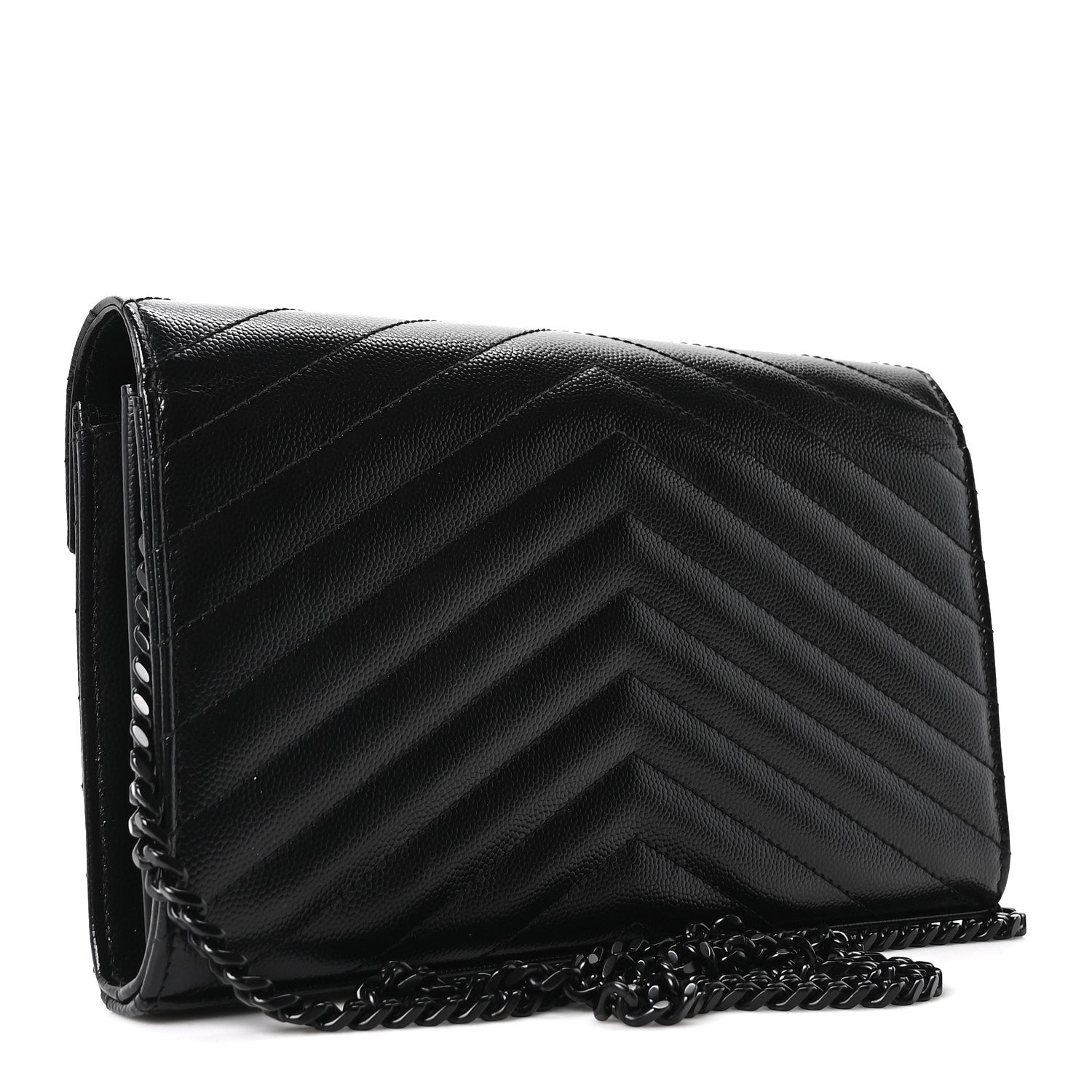 Saint Laurent Grain De Poudre Matelasse Chevron Monogram Monochrome Chain Wallet Black 3 of 10