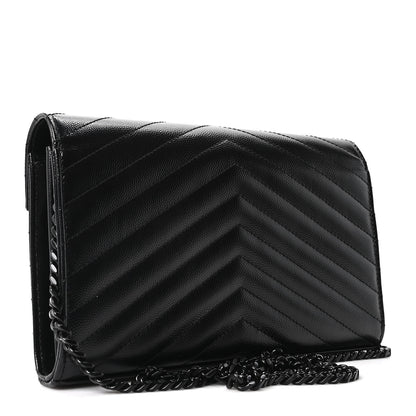 Saint Laurent Grain De Poudre Matelasse Chevron Monogram Monochrome Chain Wallet Black 3 of 10