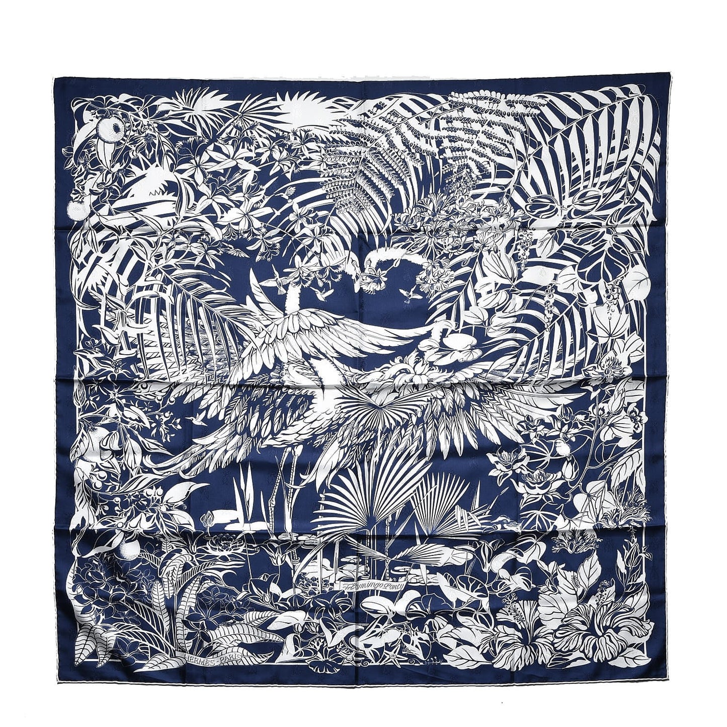 Silk Tatouage Flamingo Party Scarf 90 Bleu Blanc
