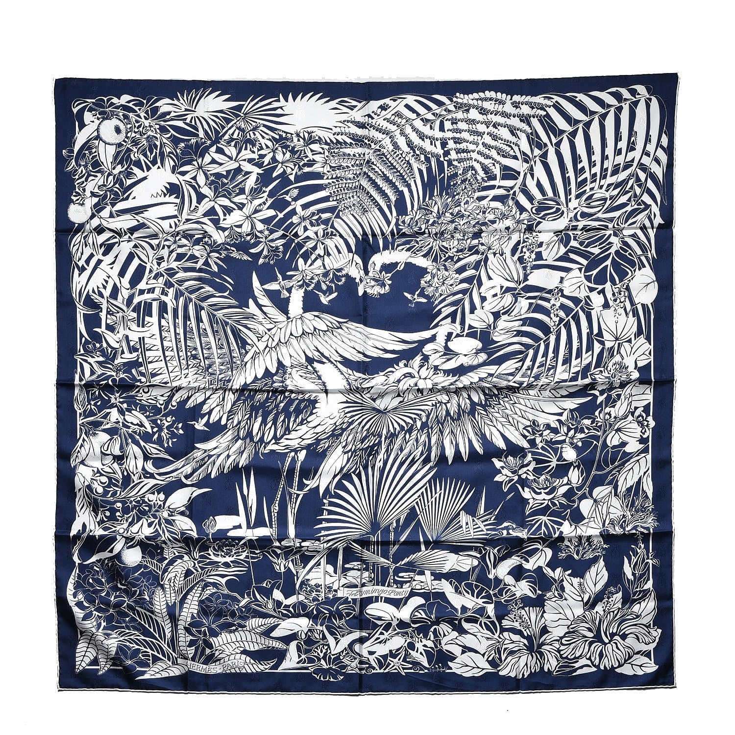 Hermes Silk Tatouage Flamingo Party Scarf 90 Bleu Blanc 1 of 6