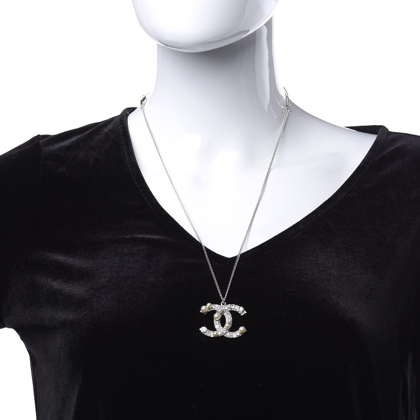 Crystal Pearl CC Pendant Necklace Silver