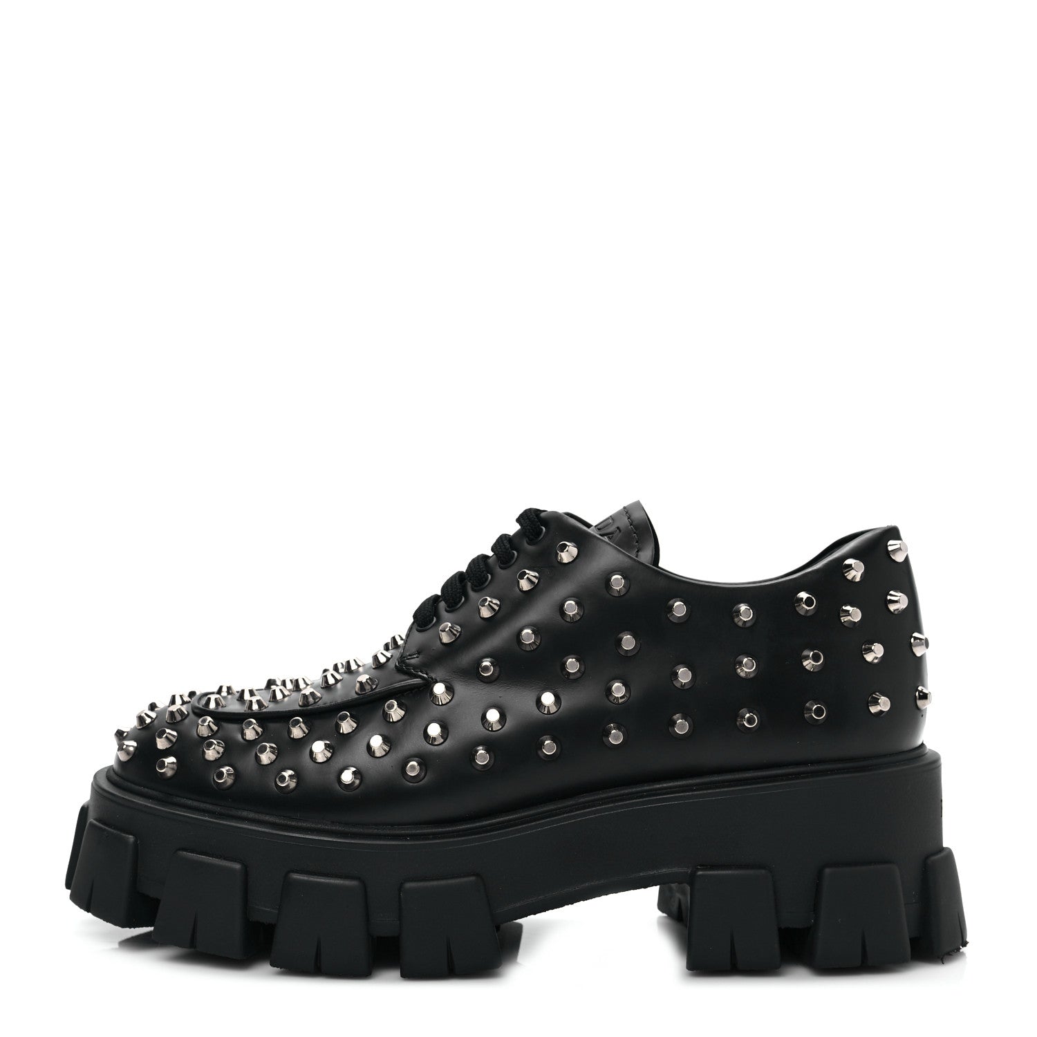 Prada Spazzolato Rois Studded Lace Up Monolith 55mm Derby Loafers 39.5 Black 1 of 8