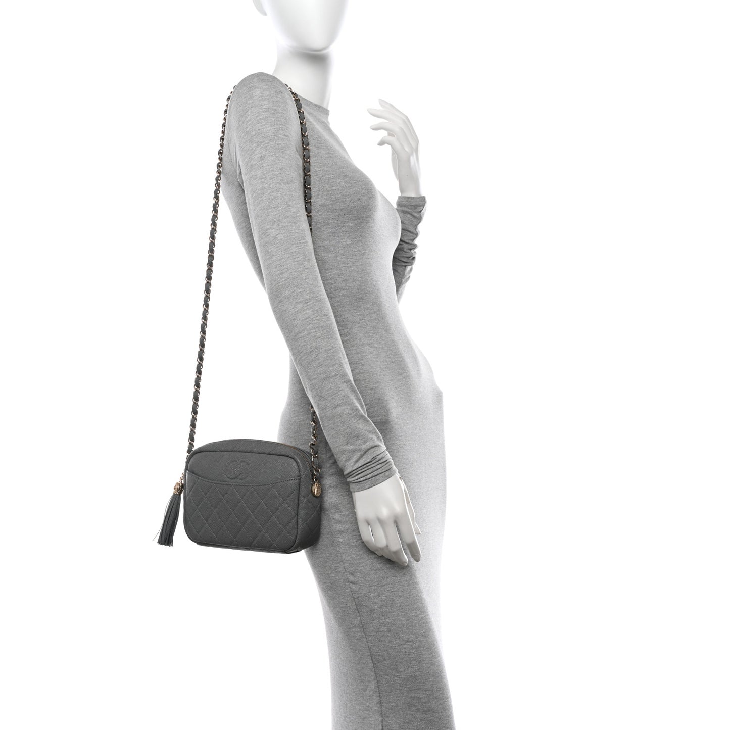 Iridescent Caviar Flat Quilted Small Coco Tassel Camera Case Grey