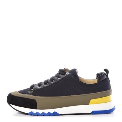 Hermes Technical Canvas Suede Goatskin Calfskin Mens Rapid Sneakers 44 Khaki Black 1 of 8