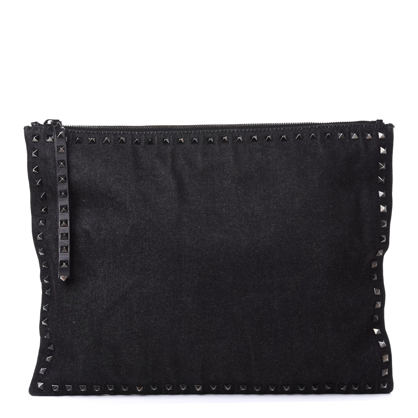 Denim Oversized Rockstud Zip Wristlet Pouch Black Jet