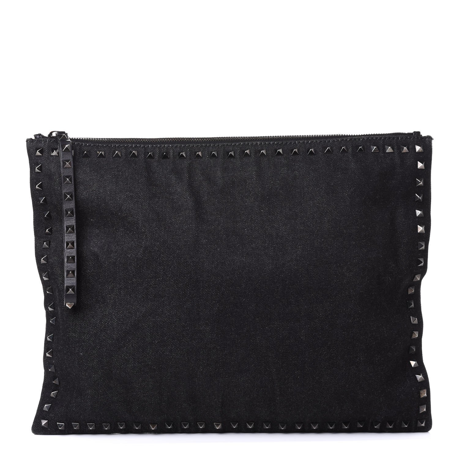 Valentino Garavani Denim Oversized Rockstud Zip Wristlet Pouch Black Jet 1 of 4
