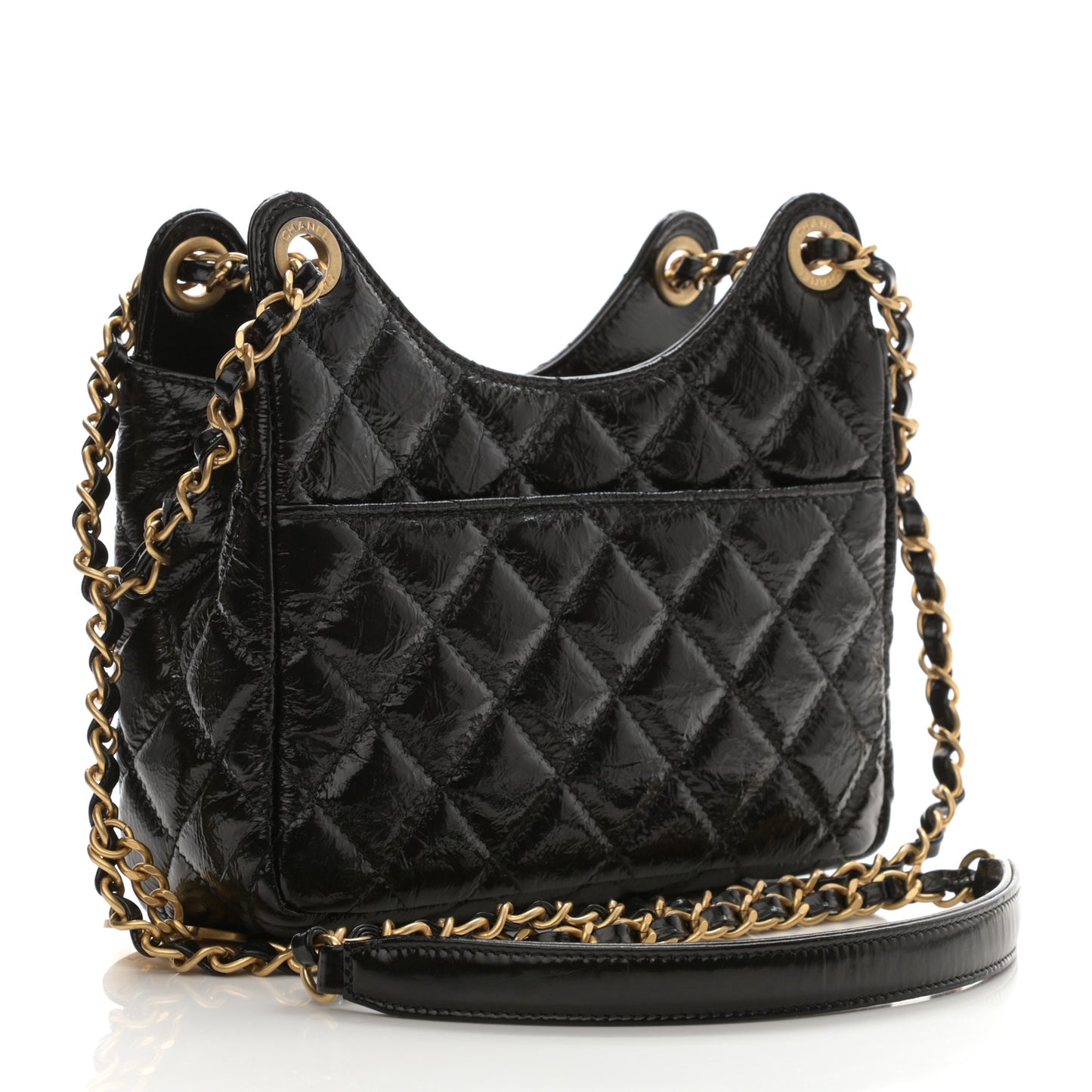 Shiny Crumpled Calfskin Quilted Small Wavy CC Hobo Black