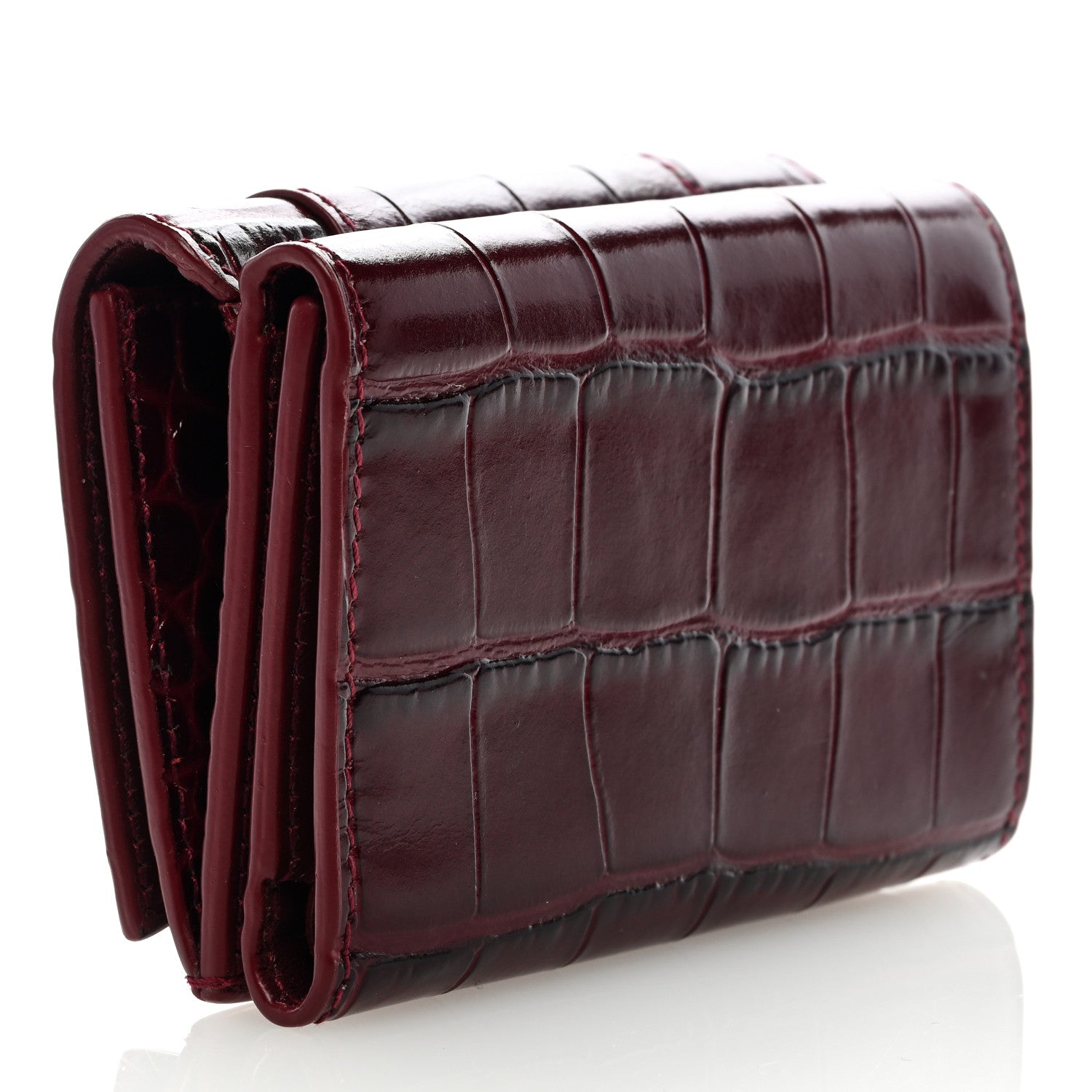 Balenciaga Shiny Calfskin Crocodile Embossed Mini Hourglass Wallet Dark Red 3 of 7
