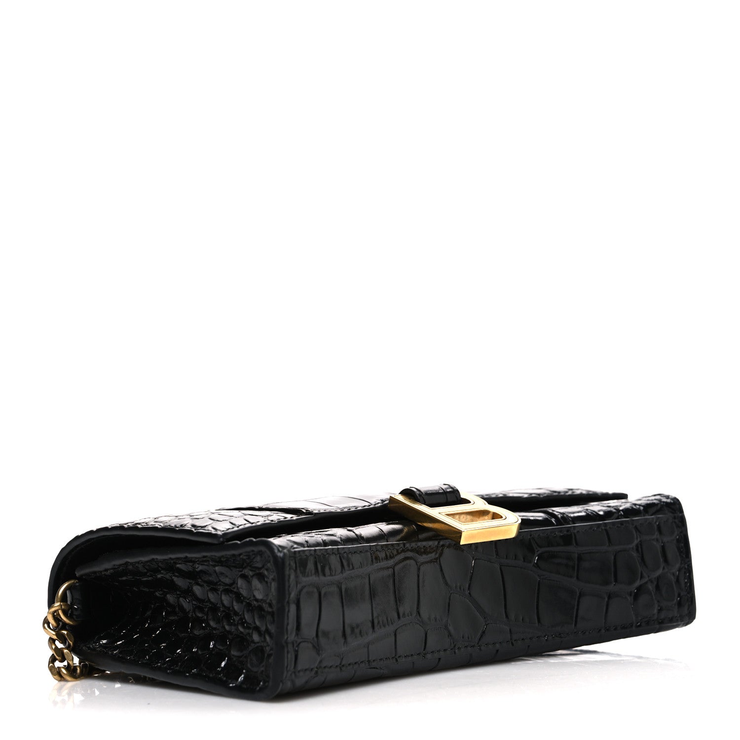 Balenciaga Shiny Calfskin Crocodile Embossed Hourglass Chain Bag Black 3 of 10
