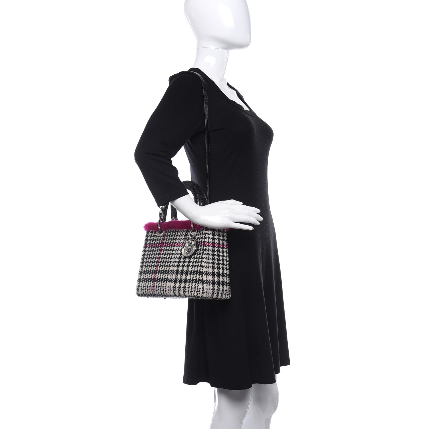 Christian Dior Tweed Crocodile Mink Plaid Medium Lady Dior Black Pink White 2 of 9