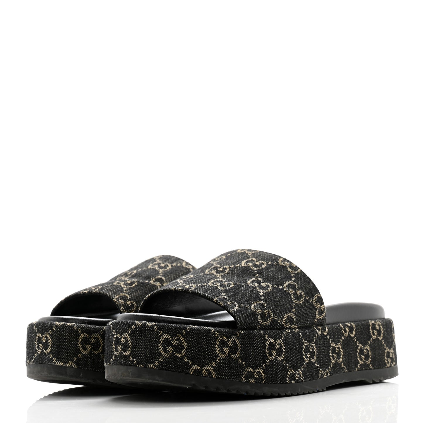Jacquard Black Denim GG Monogram Angelina Platform 55mm Slide Sandals 37.5 Black Ivory
