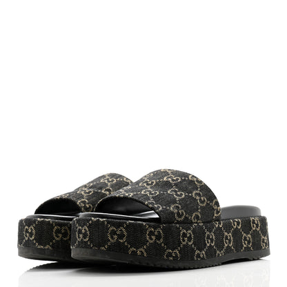 Gucci Jacquard Black Denim GG Monogram Angelina Platform 55mm Slide Sandals 37.5 Black Ivory 3 of 10