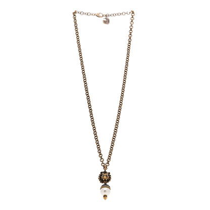 Gucci Metal Crystal Pearl Lion Head Necklace Aged Gold 3 of 5