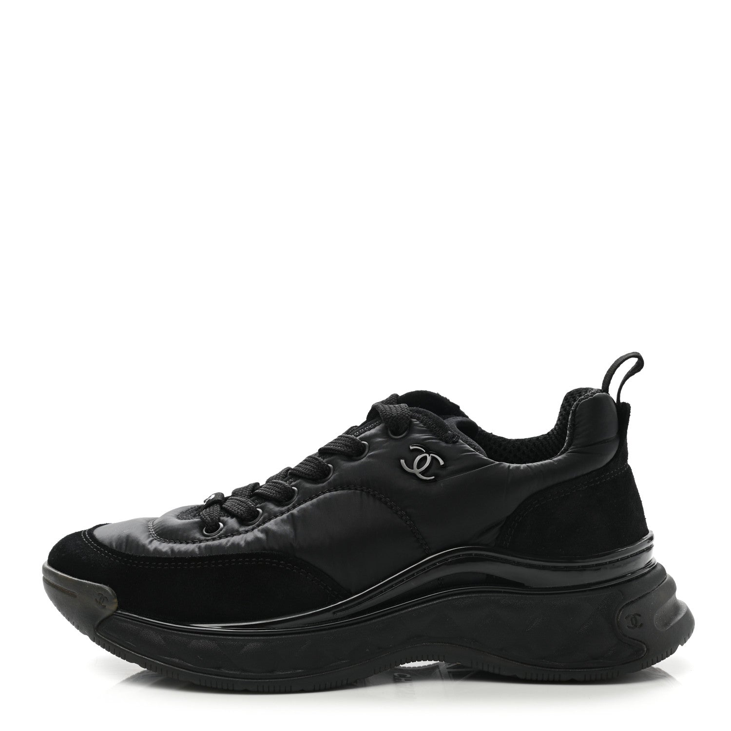 Chanel Nylon Calfskin Suede CC Sneakers 37.5 Black 1 of 10