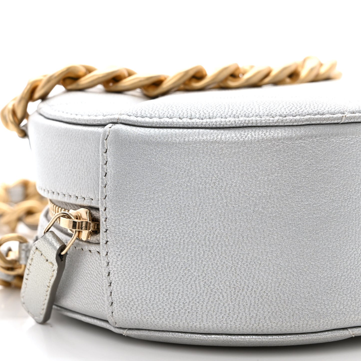 Metallic Lambskin Quilted Chanel 19 Round Clutch With Chain Silver