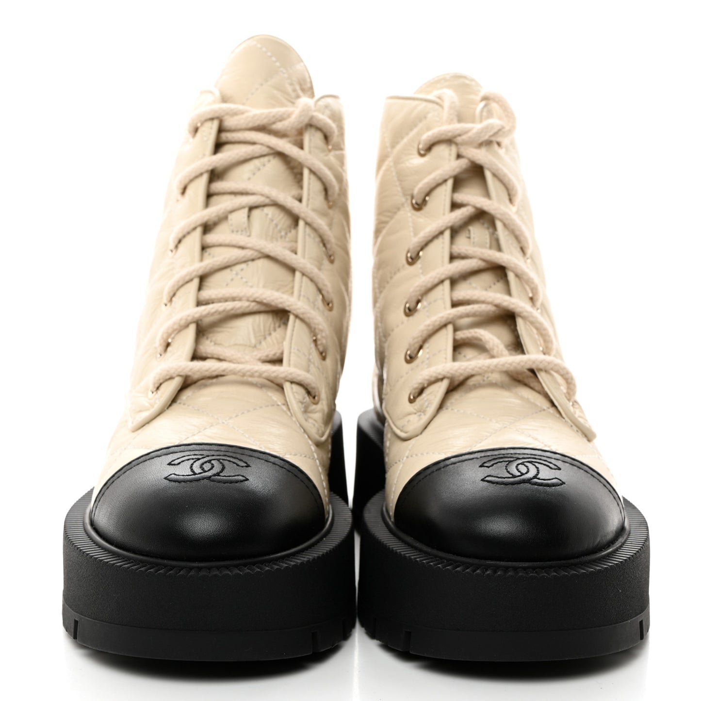 Crumpled Lambskin Quilted Platform Lace Up Combat Boots 38 Beige Black