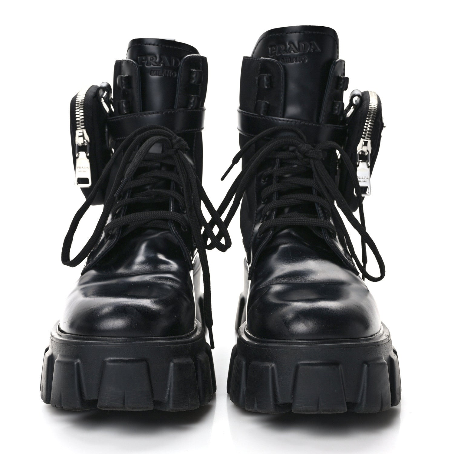 Prada Spazzolato Rois Nylon Metal Triangle Logo Monolith Pouch Pocket 55mm Boots 40 Black 2 of 9