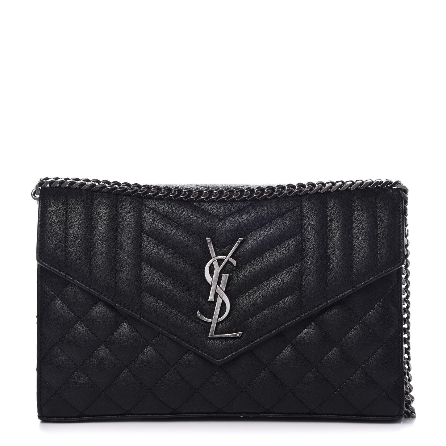 Sheepskin Tri-Quilt Monogram Envelope Chain Wallet Black